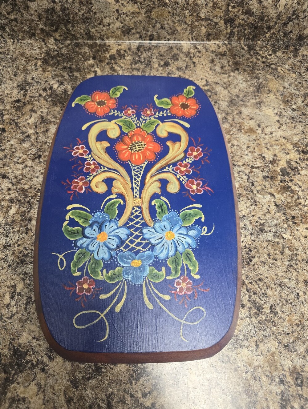 Hand-Painted Floral Wood Plaque in Blue